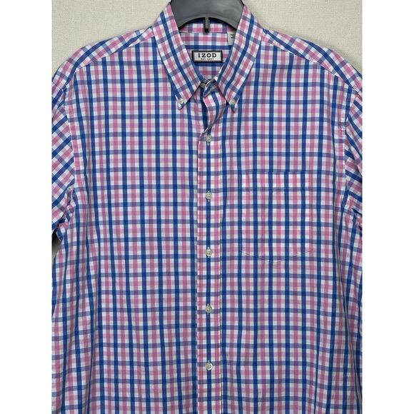 IZOD Mens Sz L Short Sleeve Button Down Shirt Blue Pink White Plaid 100% Cotton - Picture 2 of 11